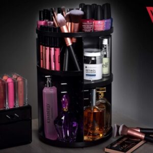 Cosmetics Makeup Organizer 3D Rotating 360 Degree Spinning Moving Make up Storage Rack Adjustable Assembly Skin Care Holder Bathroom Display Case Non Breakable Black Plastic Dresser Lipstick Skin Care Products Caddy Shelf