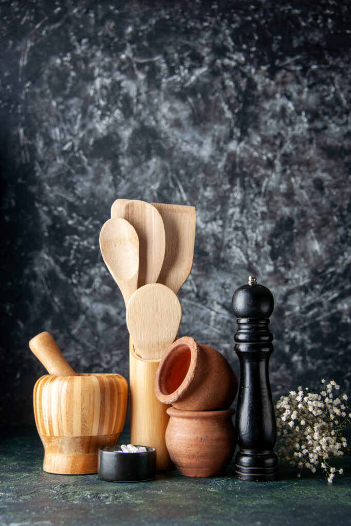 Home Front View Wooden Spoons With Pepper Shaker Dark Wall Photo Color Cuisine Seasoning Salt Food Cutlery 683x1024